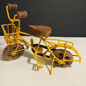 Vintage Yellow Metal Bicycle Decor Wooden Seat and Wheels